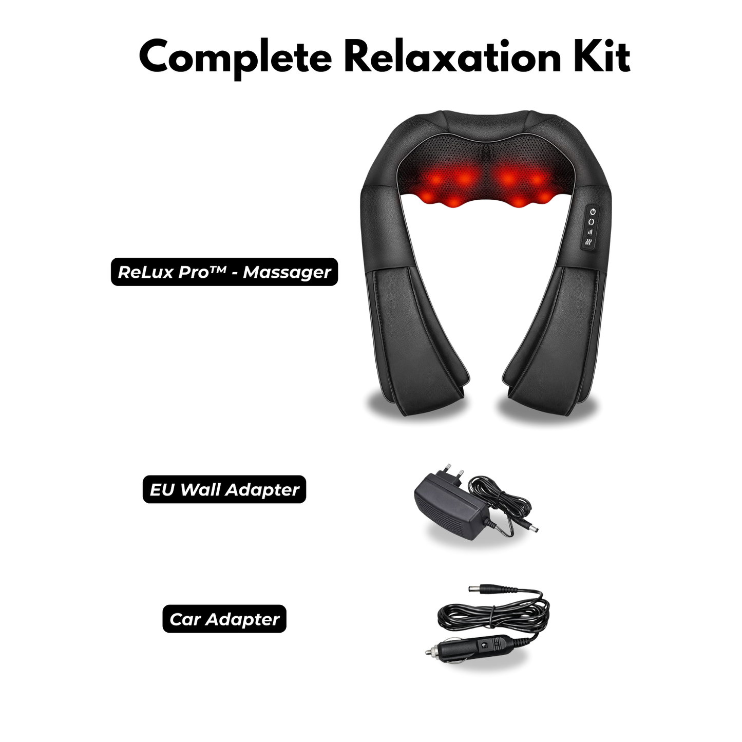Relaxation kit with ReLux Pro massager, EU wall adapter, and car adapter on a white background